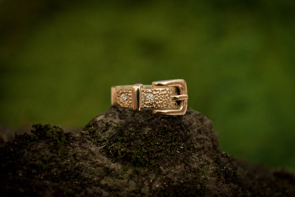 Buckle Ring - 9ct Gold - Thin - Two Diamonds