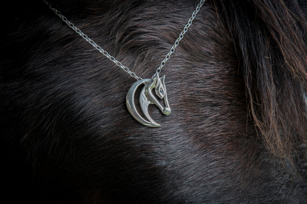 Horse Head Pendant - Sterling Silver - Sapphire